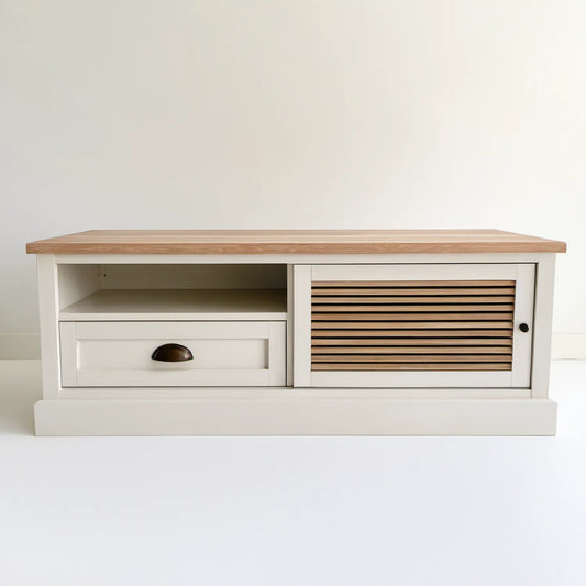 Biała szafka RTV 120 x 40 x 55 cm z blatem z litego drewna sosnowego