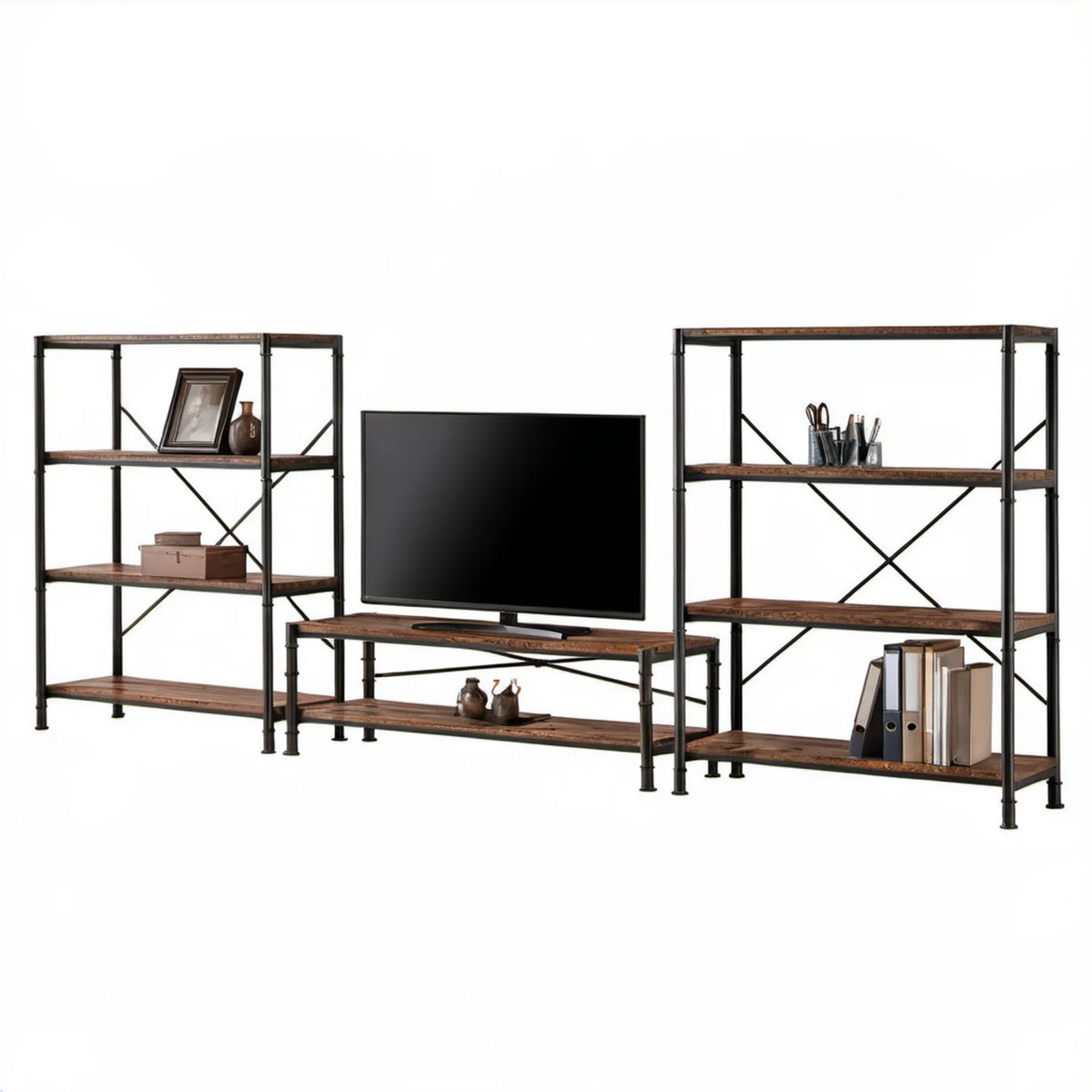 Zestaw mebli RTV z 2 regałami, rustykalny brąz/czarny, 120 x 40 x 50 cm i 60 x 30 x 170 cm