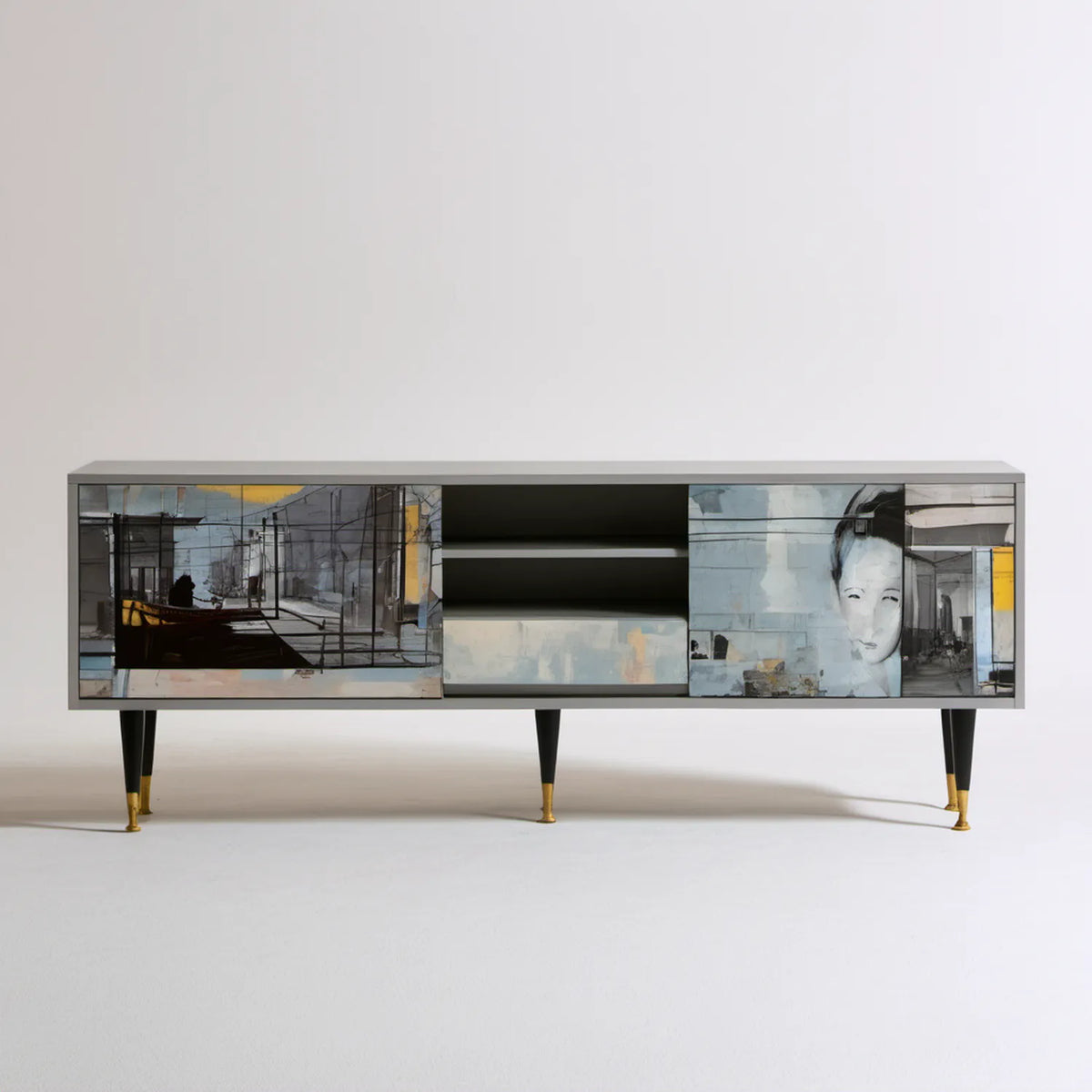 Szafka RTV z dekoracyjnym nadrukiem, szara/czarna/złota/niebieska/żółta, 180 × 45 × 75 cm