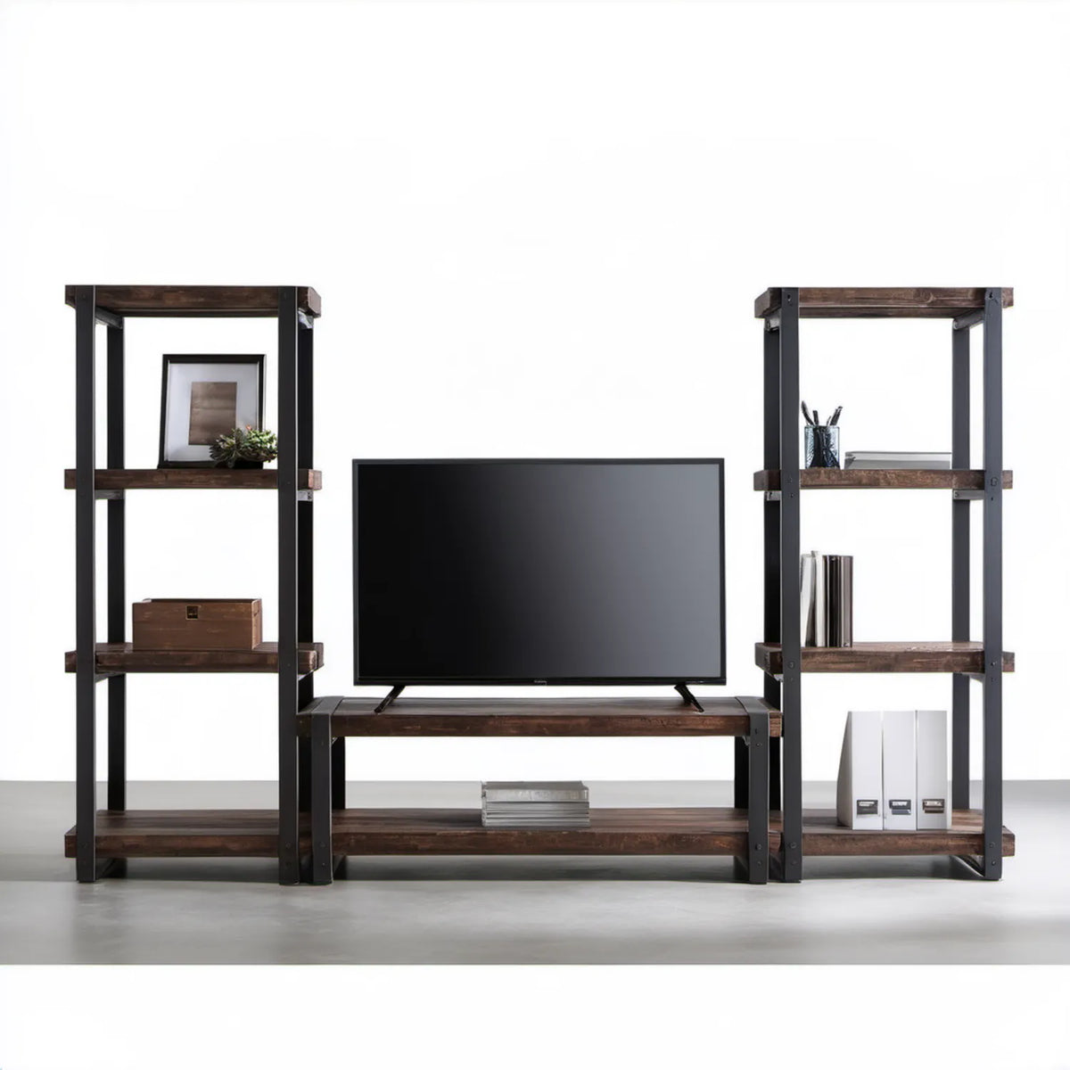 Zestaw RTV z litego drewna sosnowego i stali, ciemnobrązowy/czarny, 180 x 40 x 180 cm