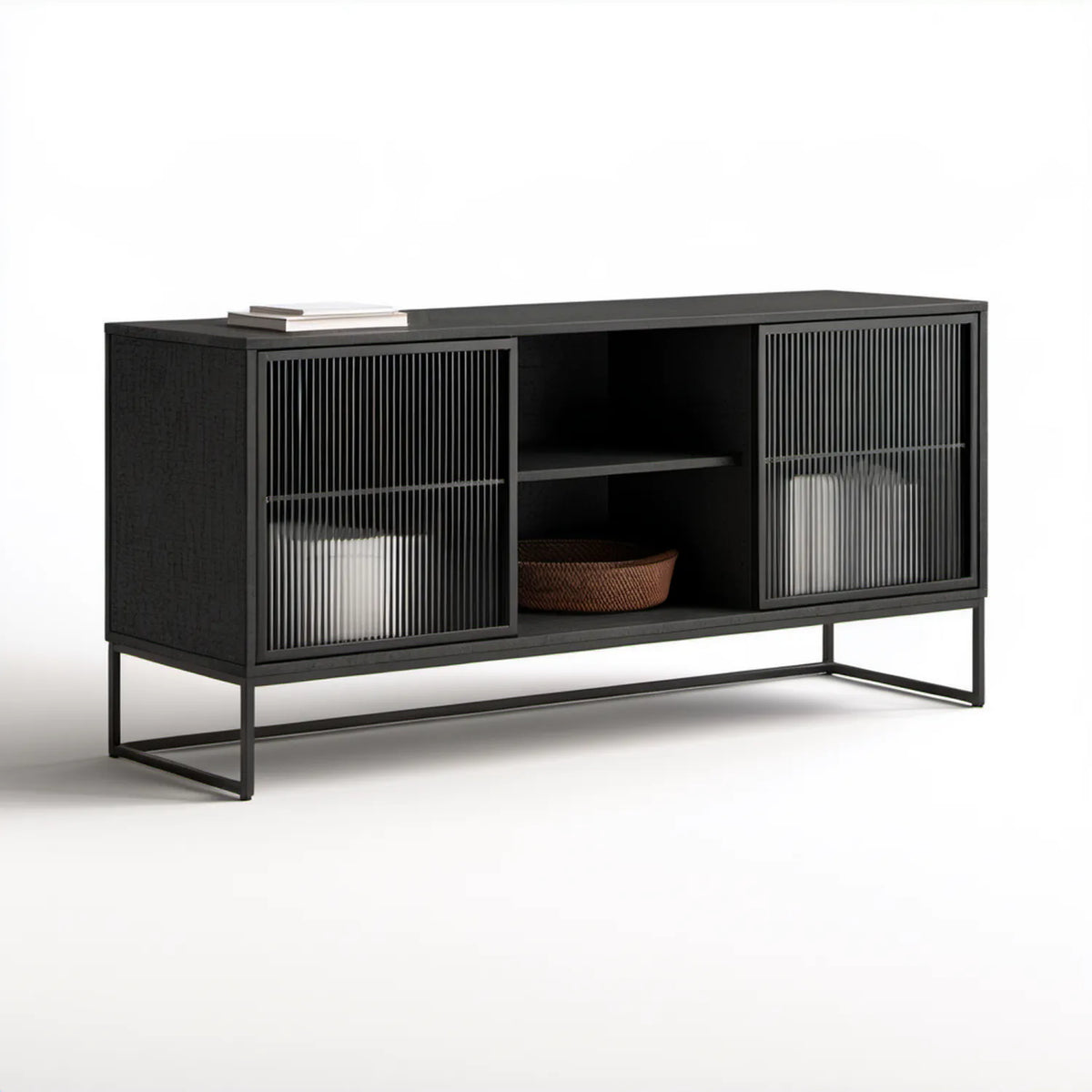 Czarna szafka RTV z 2 ryflowanymi drzwiami przesuwnymi, 140 x 40 x 65 cm, MDF, fornir dębowy i stal