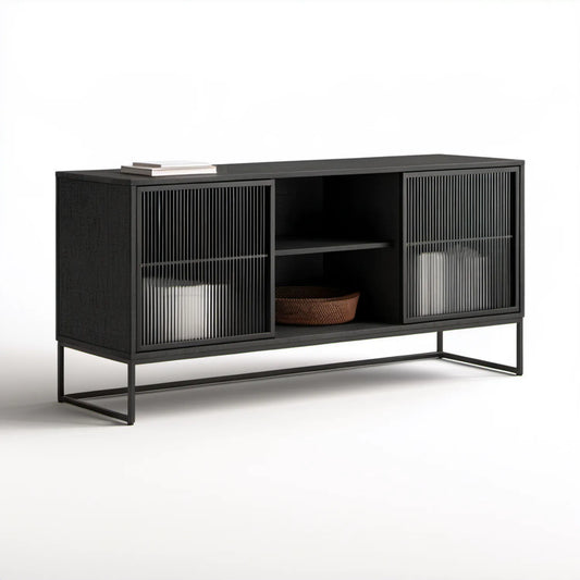 Czarna szafka RTV z 2 ryflowanymi drzwiami przesuwnymi, 140 x 40 x 65 cm, MDF, fornir dębowy i stal